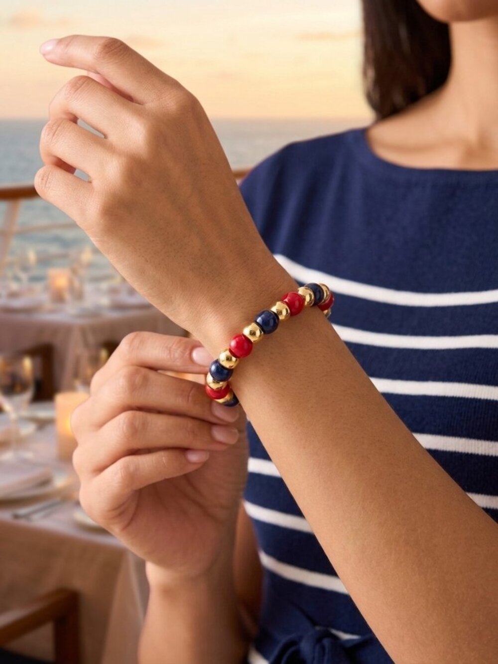 Tuckernuck Claret Beaded Bradley Bracelet Nautical Red Gold Navy NWT Stretch